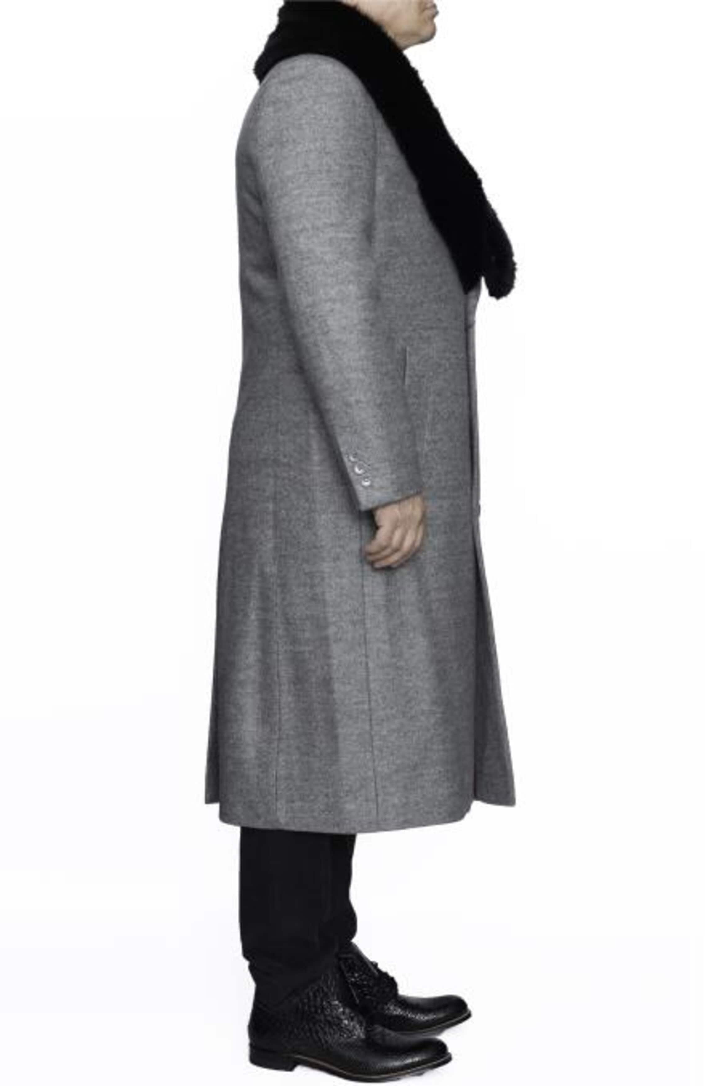 Light Grey Removable Fur Collar Ankle length Wool Dress Top Coat/Overcoat - Mens Overcoat