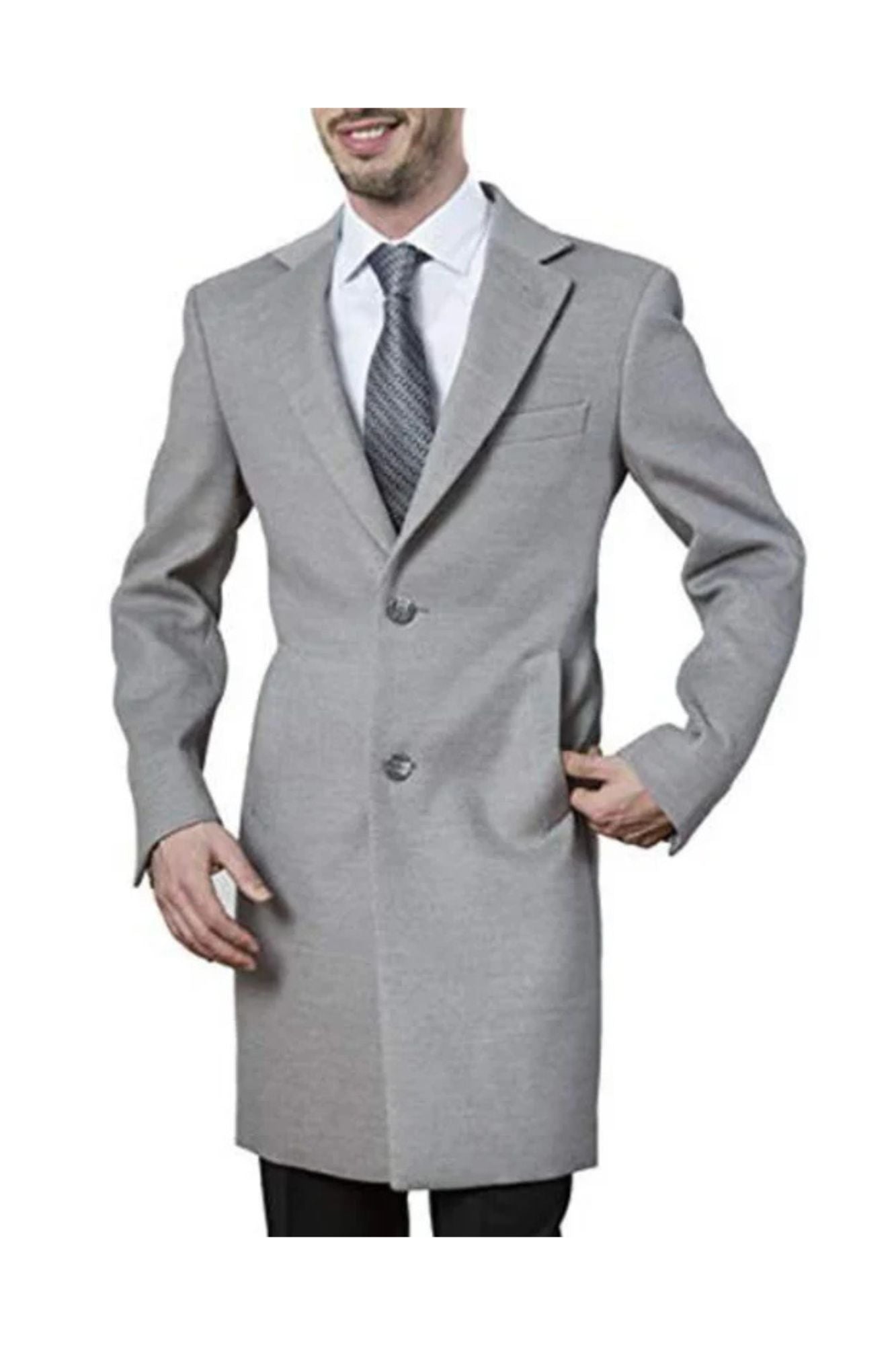 Men's Polyester ~ Viscose Spandex Light Grey Modern Fit Long Dress Topcoat Winter Coat Size 38