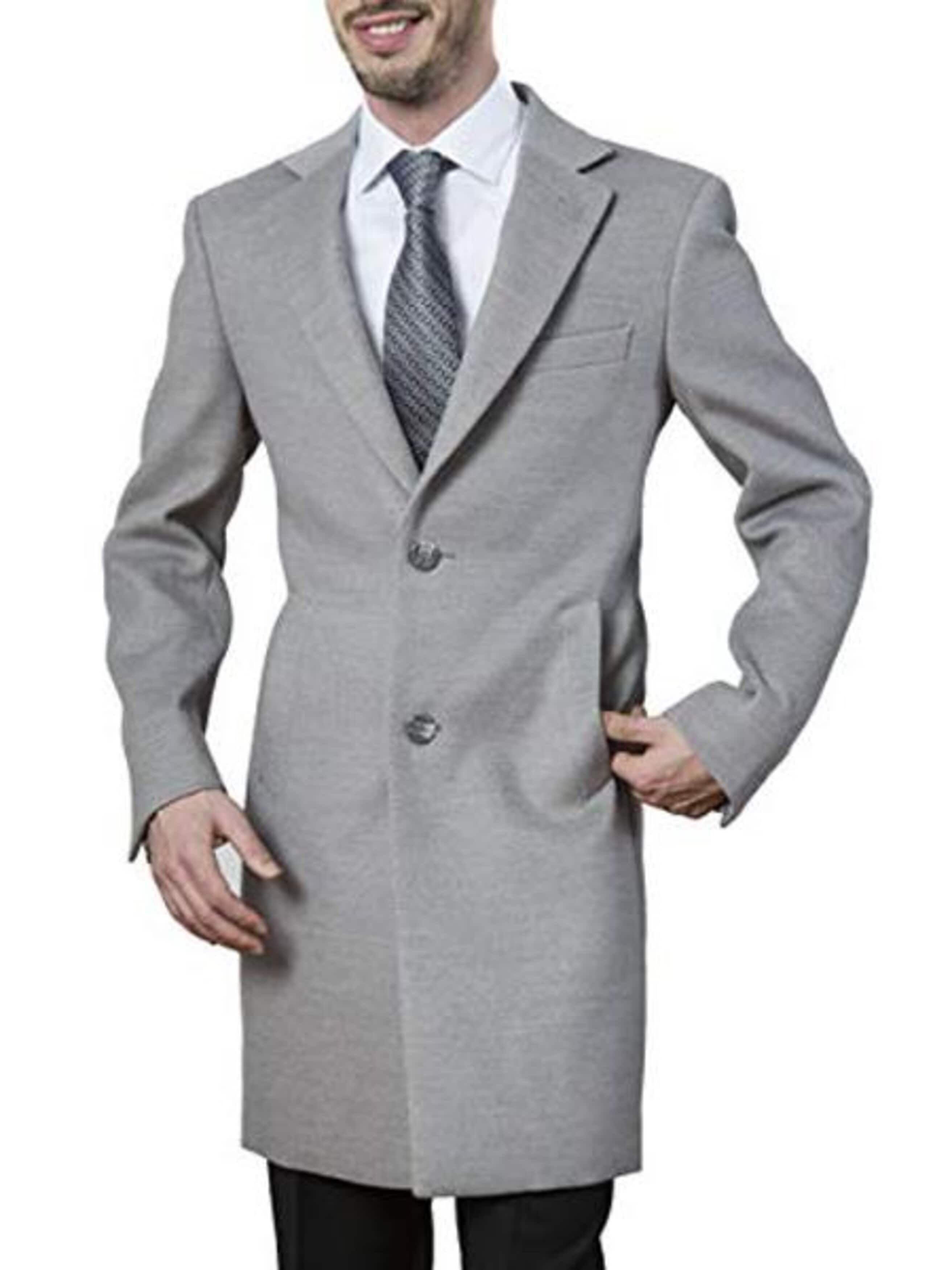 men's Polyester ~ Viscose ~ Spandex Light Grey Modern Fit Long men's Dress Topcoat - Winter coat