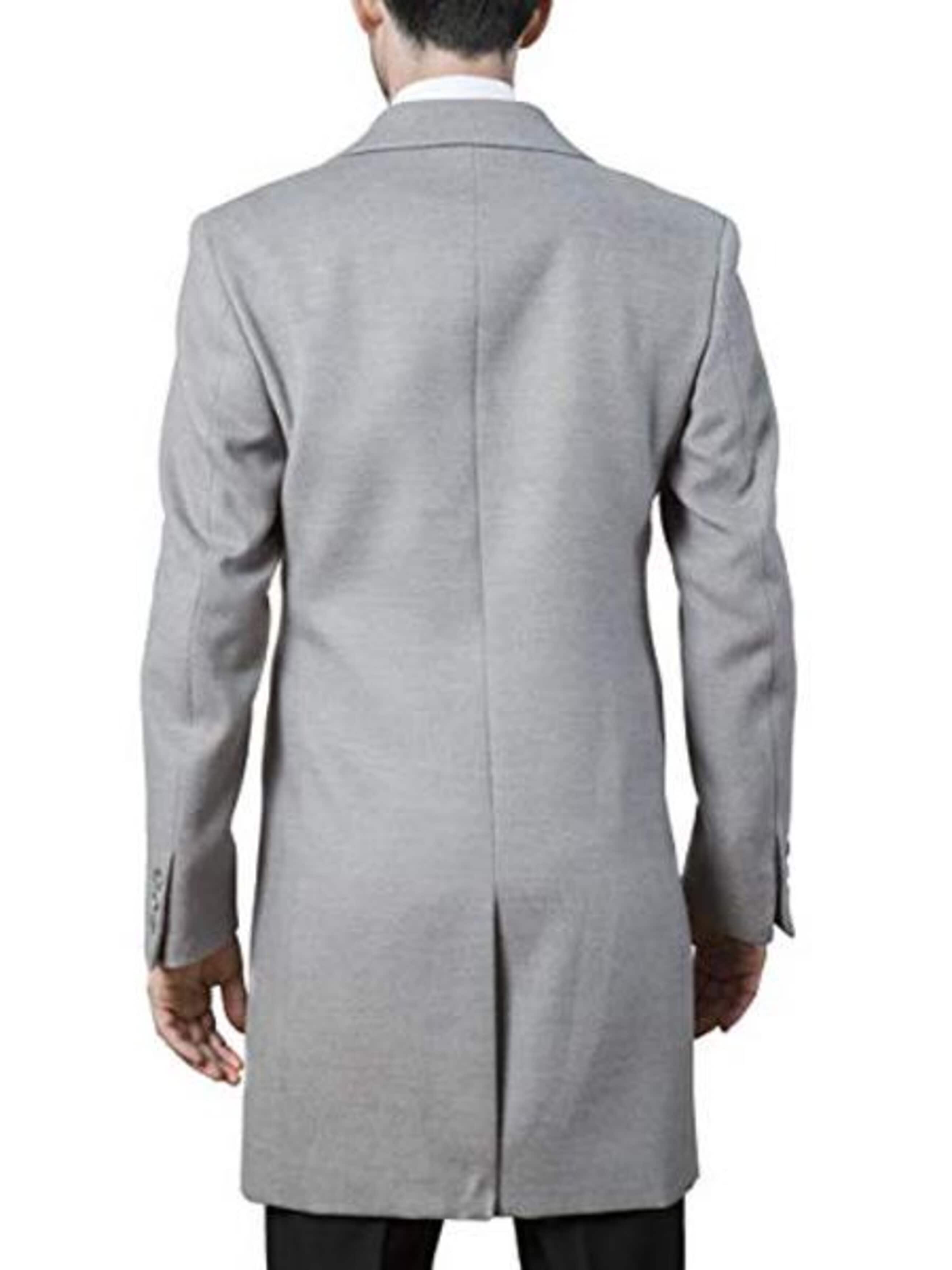 men's Polyester ~ Viscose ~ Spandex Light Grey Modern Fit Long men's Dress Topcoat - Winter coat