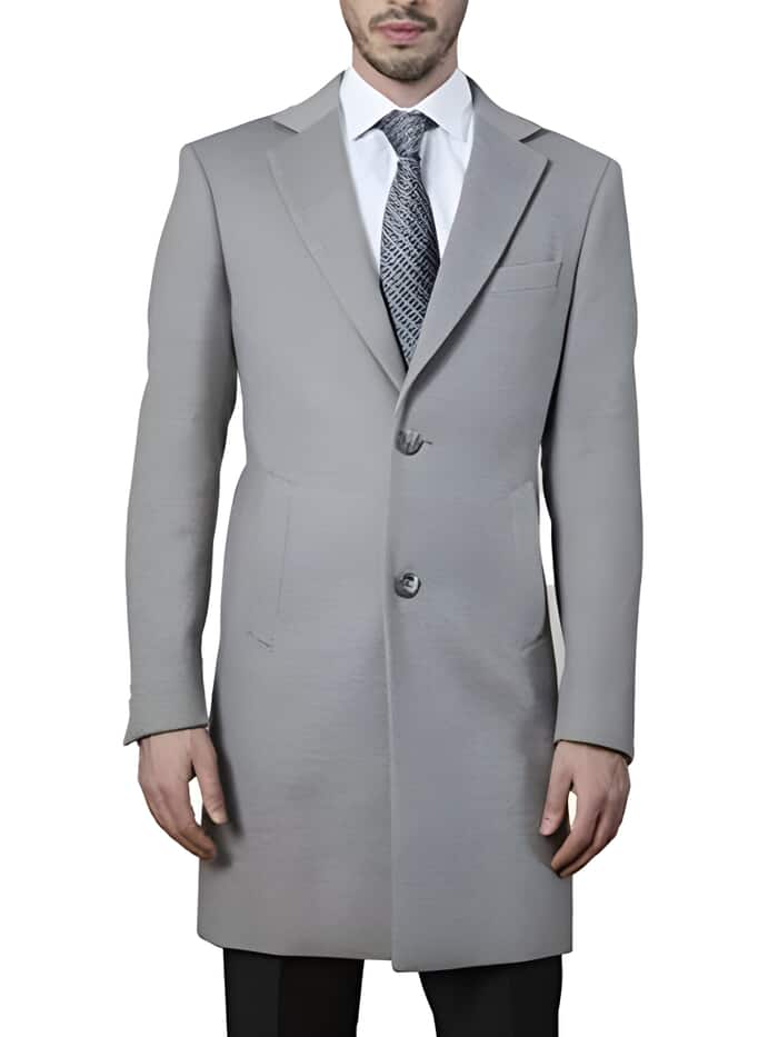 men's Polyester ~ Viscose ~ Spandex Light Grey Modern Fit Long men's Dress Topcoat - Winter coat