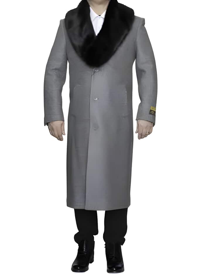 Light Grey Removable Fur Collar Ankle length Wool Dress Top Coat/Overcoat - Mens Overcoat