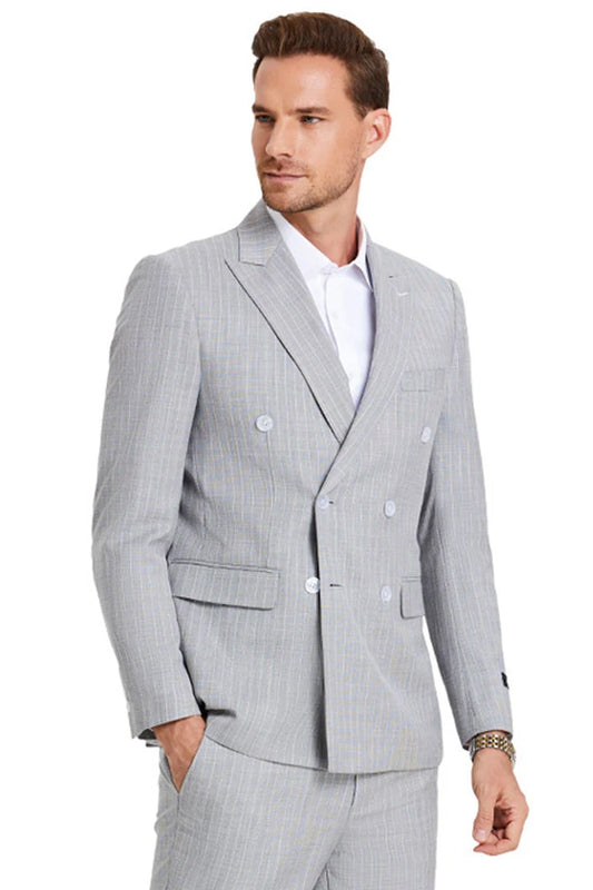 Cheap Suit - Men's Slim Fit Double Breasted Summer Pastel Suit In Light Grey Pinstripe