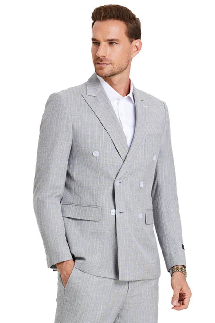Cheap priced Suit - Men's Slim Fit Double Breasted Summer Pastel Suit In Light Grey Pinstripe