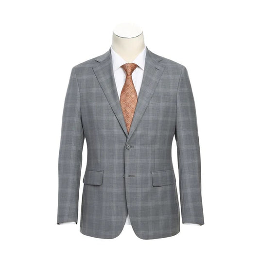 English Laundry Suits  Designer Brand - Wool Stretch Single Breasted Slim Fit Light Grey Windowpane Suit by English Laundry