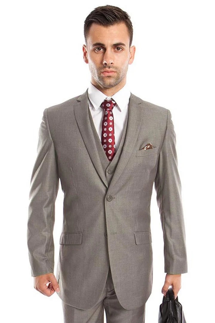 Cheap Suit - Men's Two Button Slim Fit Basic Vested Wedding Light Grey Suit