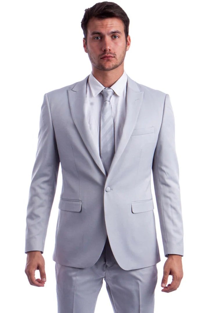 Cheap Priced Suit- Men's One Button Peak Lapel Basic Slim Fit Light Grey Suit - 38 Short Jacket+32 Waist Adjustable 28to34)(Height: 5 4 to5 7 )(Neck  15-16.5)S-M)