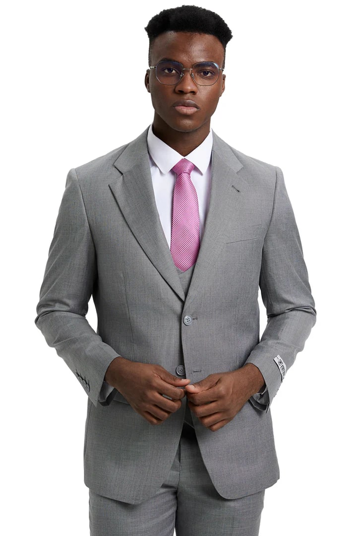 Cheap Priced Suit- Men's Two Button Vested Stacy Adams Designer Sharkskin Light Grey Suit