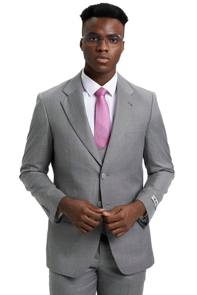 Cheap Priced Suit- Men's Two Button Vested Stacy Adams Designer Sharkskin Light Grey Suit