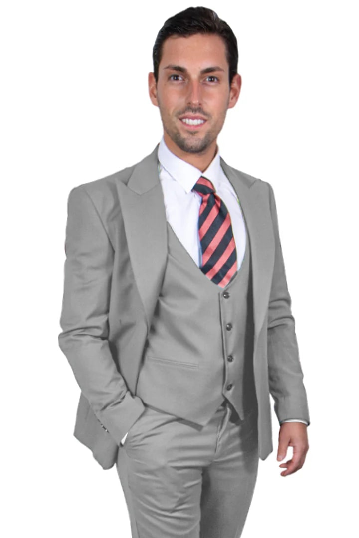 Cheap Suit - Men's Vested One Button Peak Lapel Stacy Adams Light Grey Suit