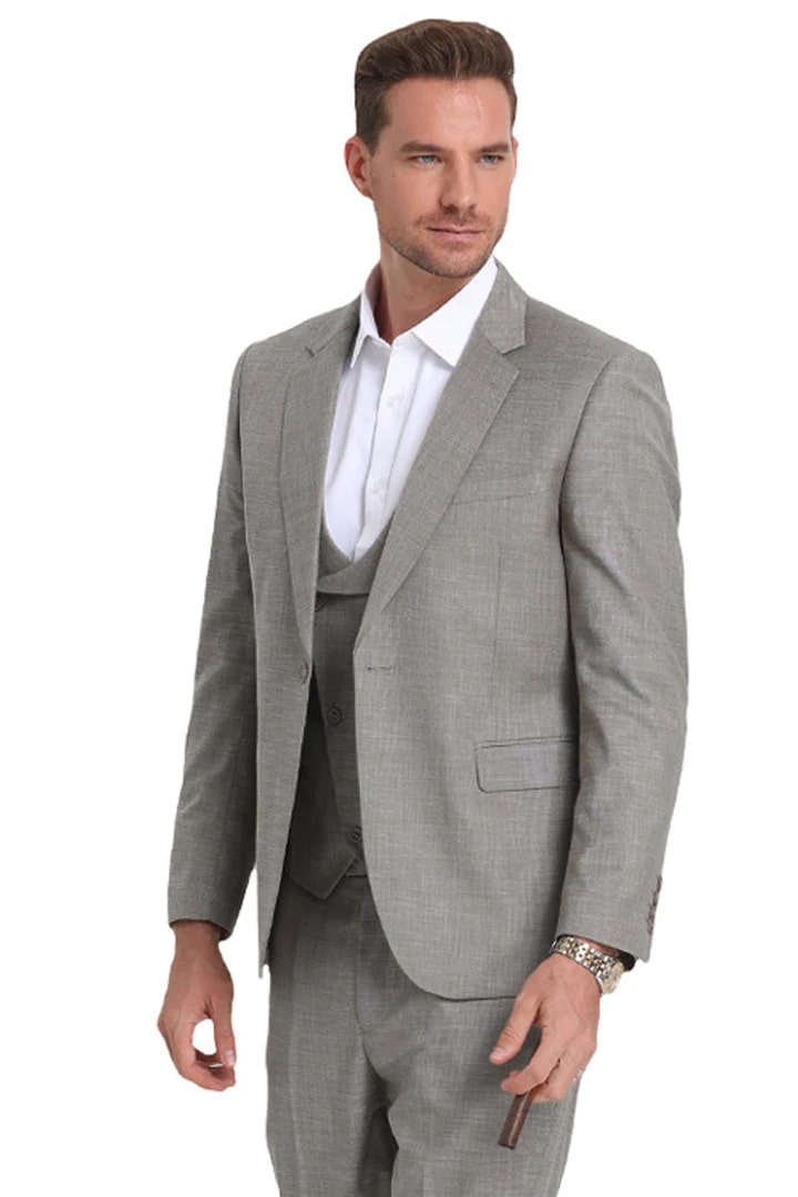 Cheap Suit - Men's One Button Double Breasted Vest Slim Fit Sharkskin Wedding Light Grey Suit