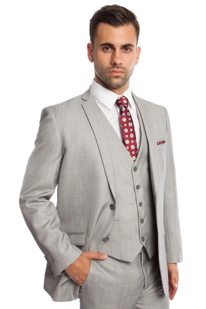 Cheap Suit - Men's Two Button Vested Business Sharkskin Light Grey Suit