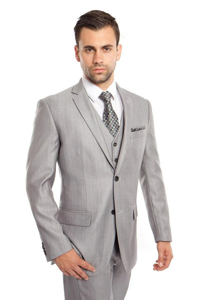 Cheap priced Suit - Men's Two Button Vested Textured Sharkskin Business Light Grey Suit