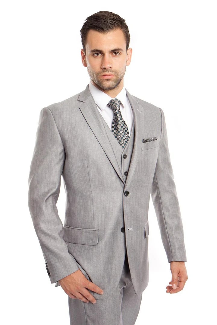 Cheap Suit - Men's Two Button Vested Textured Sharkskin Business Light Grey Suit