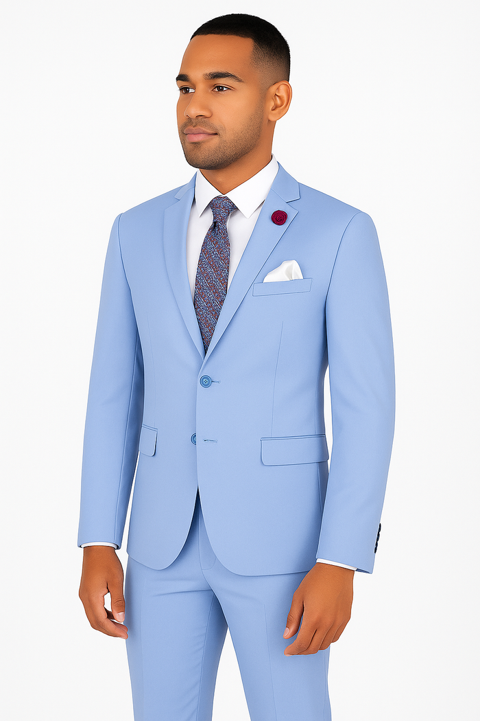Light blue formal slim fit suit with white shirt and printed tie