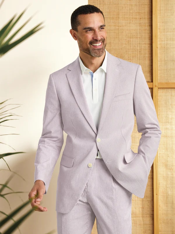 Mens Lavender Seersucker Suit Blazer + Pants Cotton Fabric - Summer Fabric in Purple color - 34 Short or Extra Small