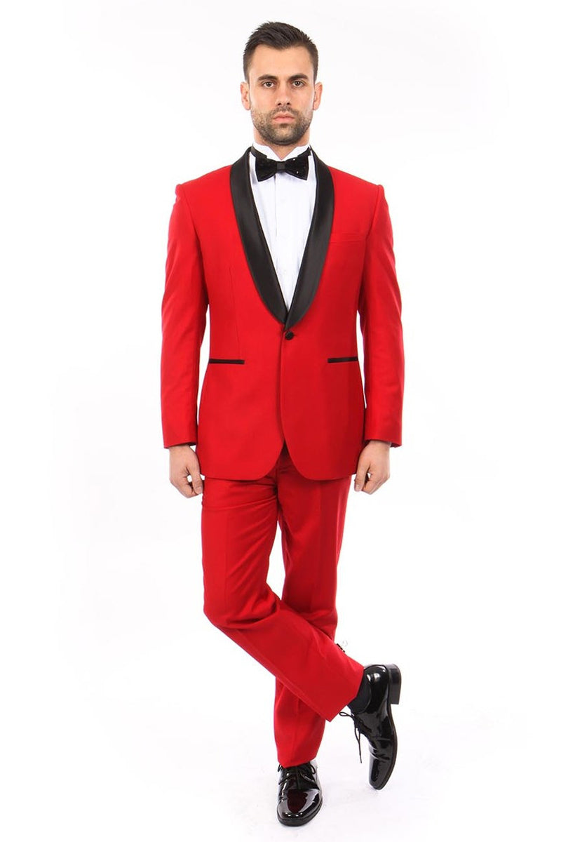 "Red Slim Fit Shawl Lapel Tuxedo for Men - Classic Style"