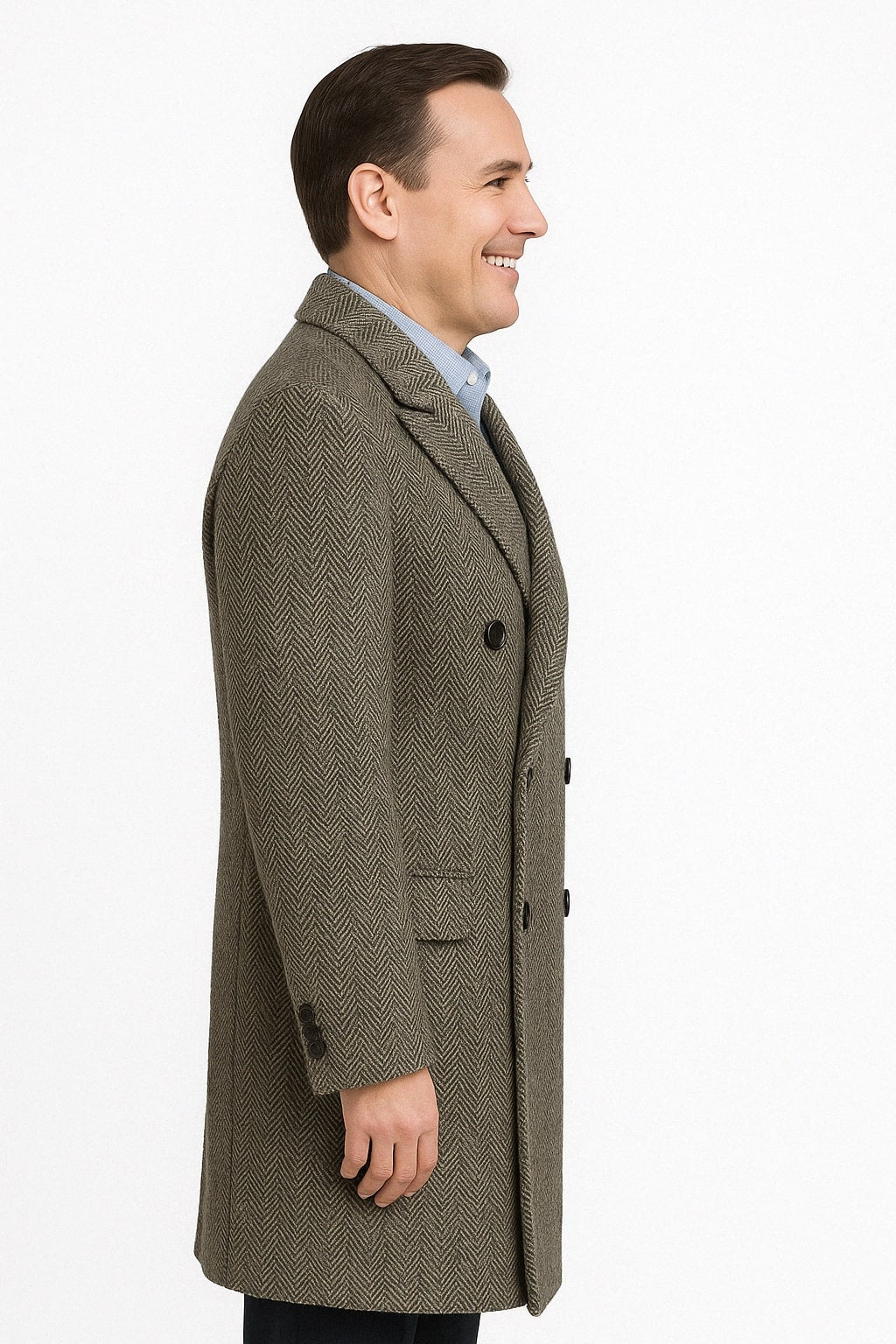 Mens Long Herringbone Wool Overcoat â€“ Classic Double-Breasted Winter Topcoat - Coat Size 38