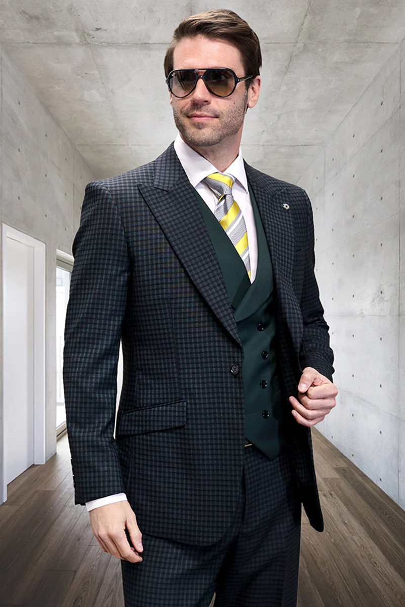 Mens Hunter Green Suit - Mens Designer One Button Peak Lapel Vested Wool Suit in Hunter Green Mico Plaid - 34 Short or Extra Small