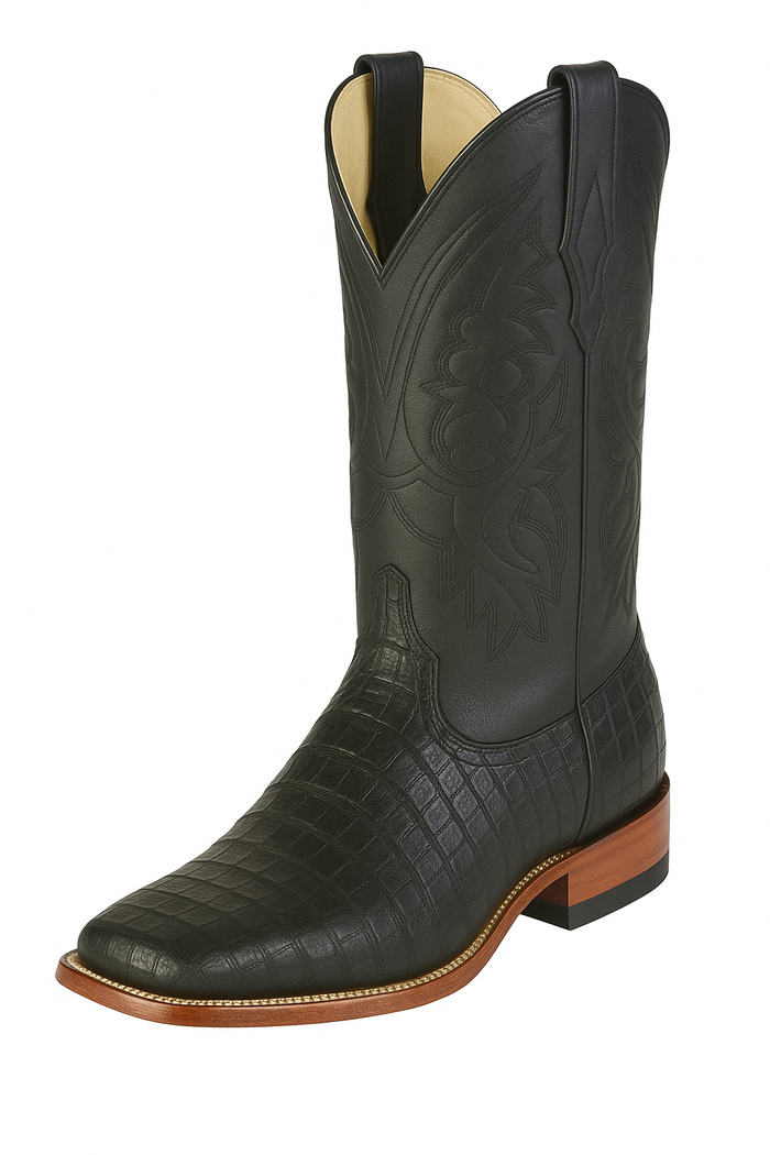 Los Altos Boots Men's Black Caiman Belly Wide Square Toe Boots-New Designer Collection