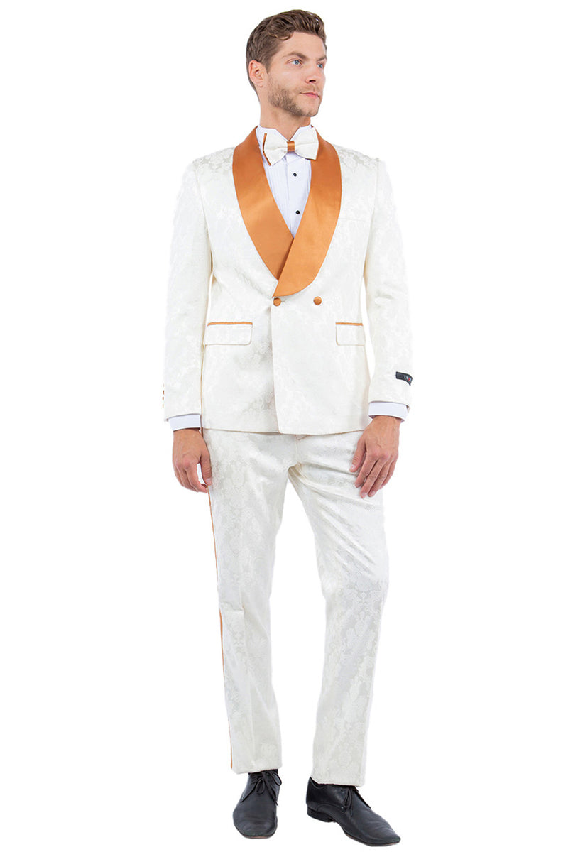 Paisley Smoking Jacket Tuxedo - Men's Slim Fit Double Breasted for Prom & Wedding, Ivory & Golden Rust
