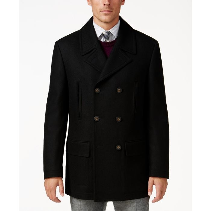 Luke Wool-Blend Classic-Fit Peacoat, black overcoat six button double