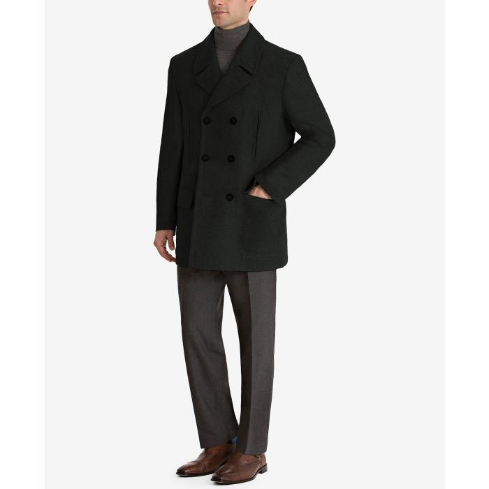 Luke Wool-Blend Classic-Fit Peacoat, black overcoat six button double - Coat Size 38