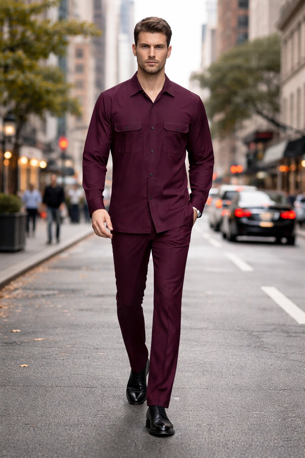 Mens Luxury Burgundy Wool Two-Piece Leisure Walking Suit - Small