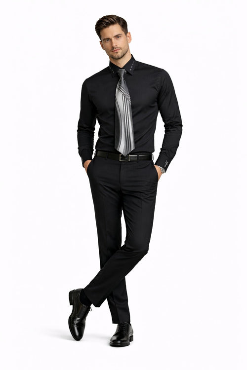 French Cuff + Tie + Handkerchief Men's Dress Shirt With Tie