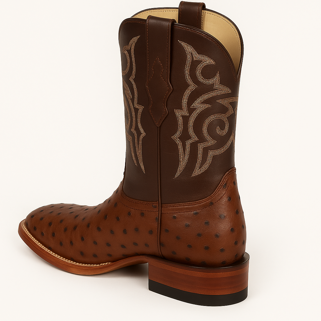 Men's Los Altos Ostrich Skin Wide Square Toe Boots - B-New Designer Collection - Amber