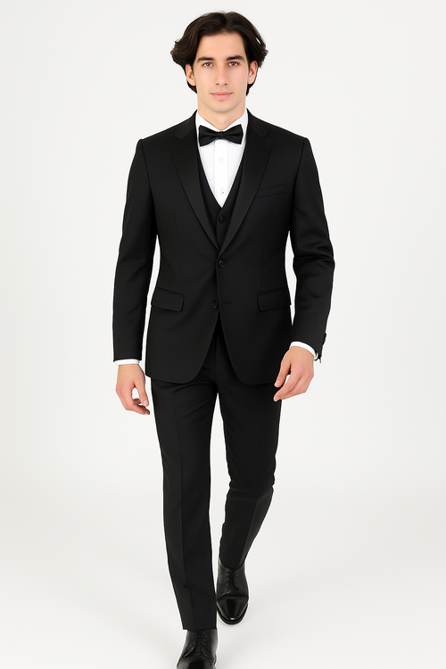 Mens 3-Piece Slim-Fit Shiny All Satin Suit Black