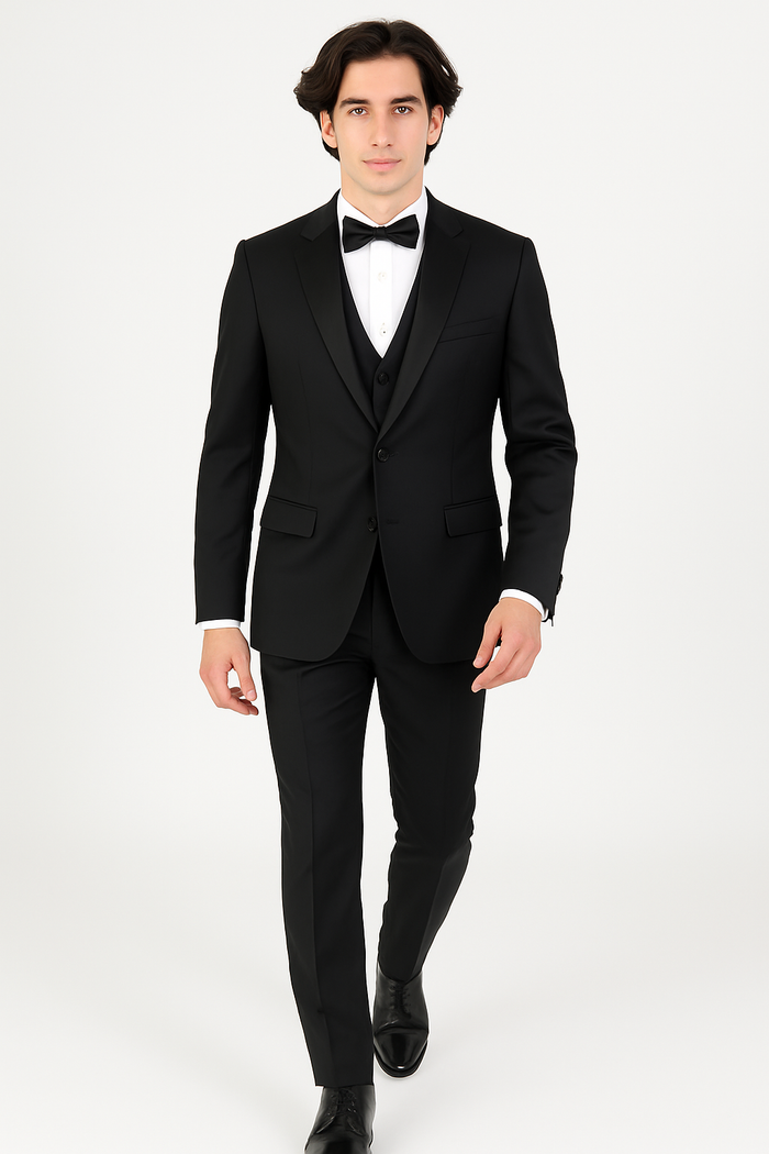 Mens 3-Piece Slim-Fit Shiny All Satin Suit Black