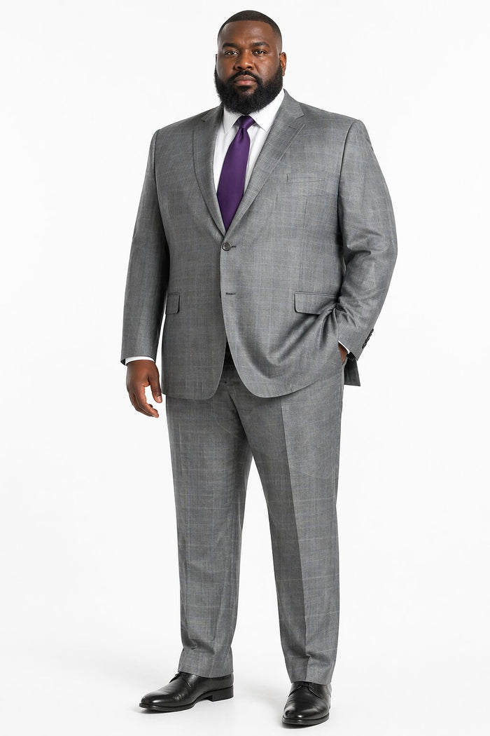 Mens 2 Button Peak Lapel Modern Plaid Suit in Grey