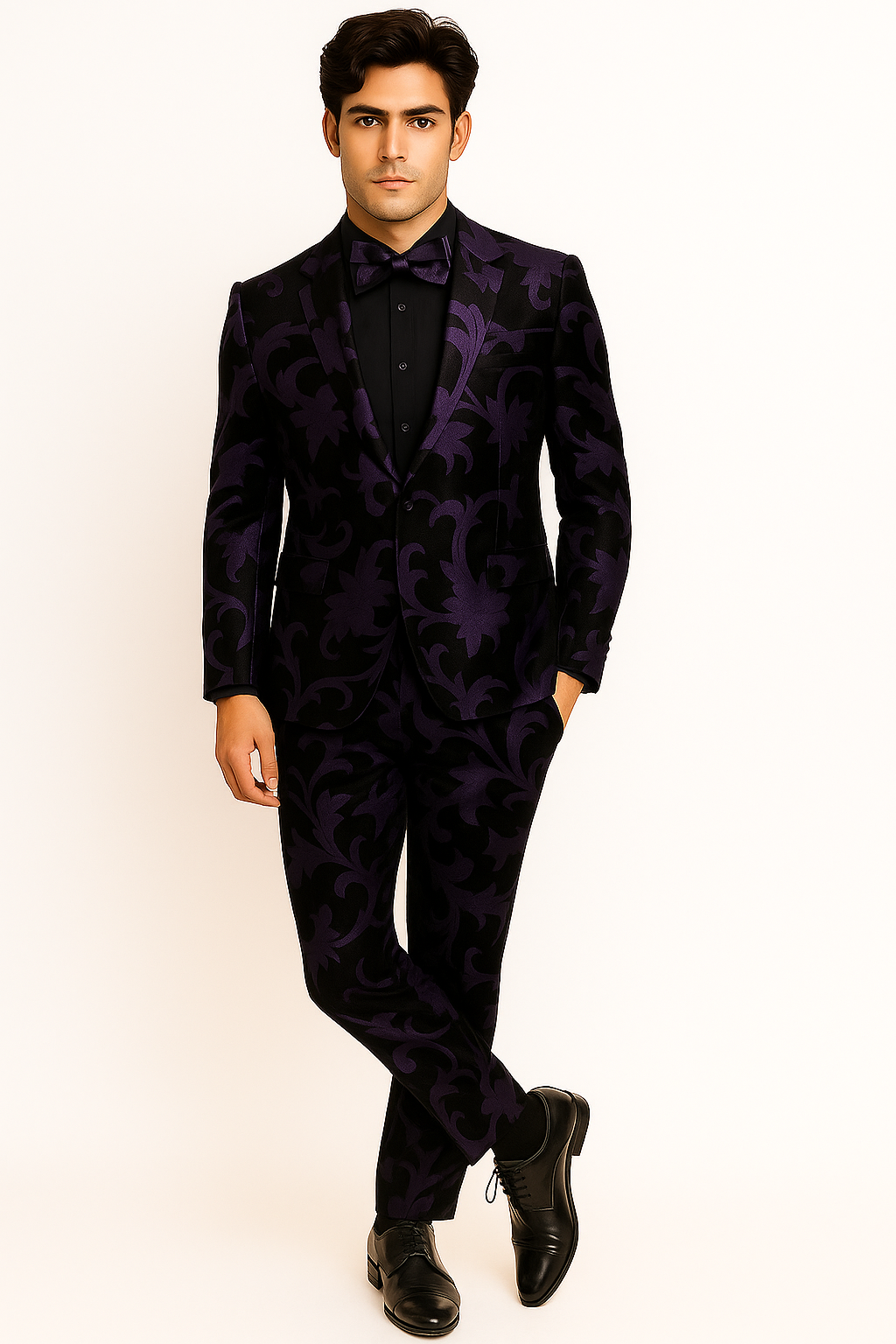 Mardi Gras Suit - Purple and Black Paisley Tuxedo Dinner Jacket + Matching Pants - Slim Fitted - 34 Short or Extra Small