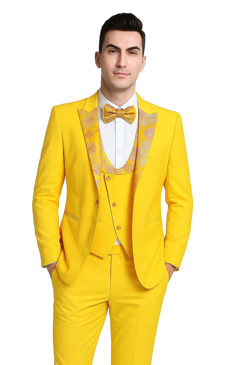 Radiant Golden Bloom Mens 3-Piece Suit with Floral Peak Lapel - 34 Short or Extra Small