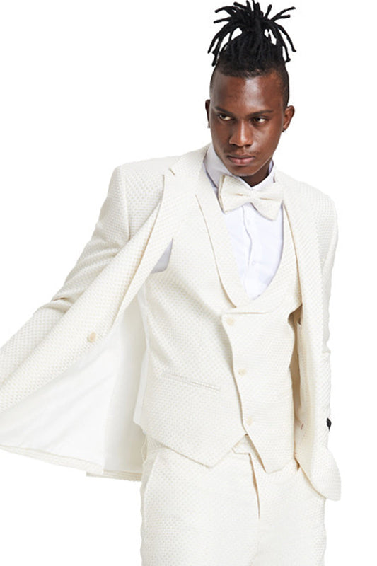 "Men's Champagne Tan Polka Dot Prom & Wedding Suit - One Button Double Breasted Vest" Champagne Prom Suits