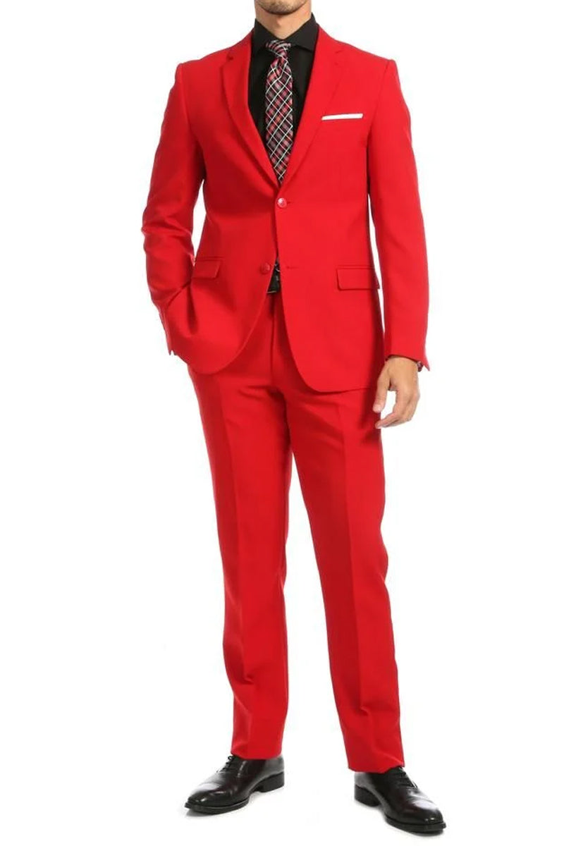 "Red Poplin Suit for Men - Modern Fit Two Button Style"