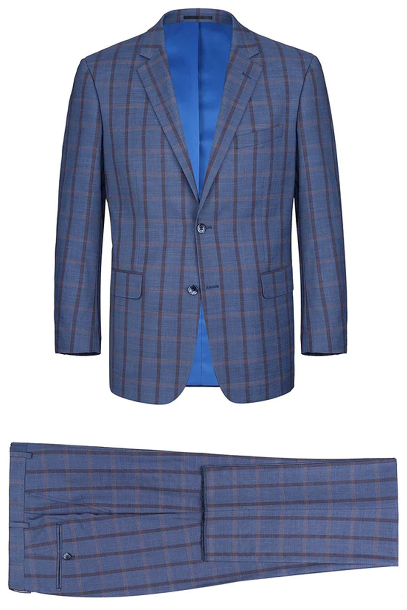 "Blue Windowpane Plaid Classic Fit Men's Suit - Two Button Stretch" - 64 Long