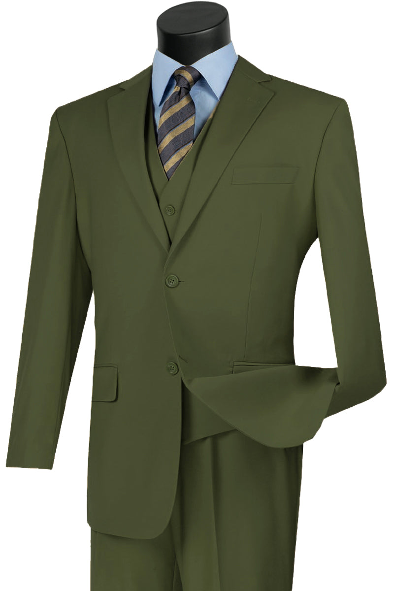 Mens Classic Fit Flat Front Vested Suit in Olive - 36 Short