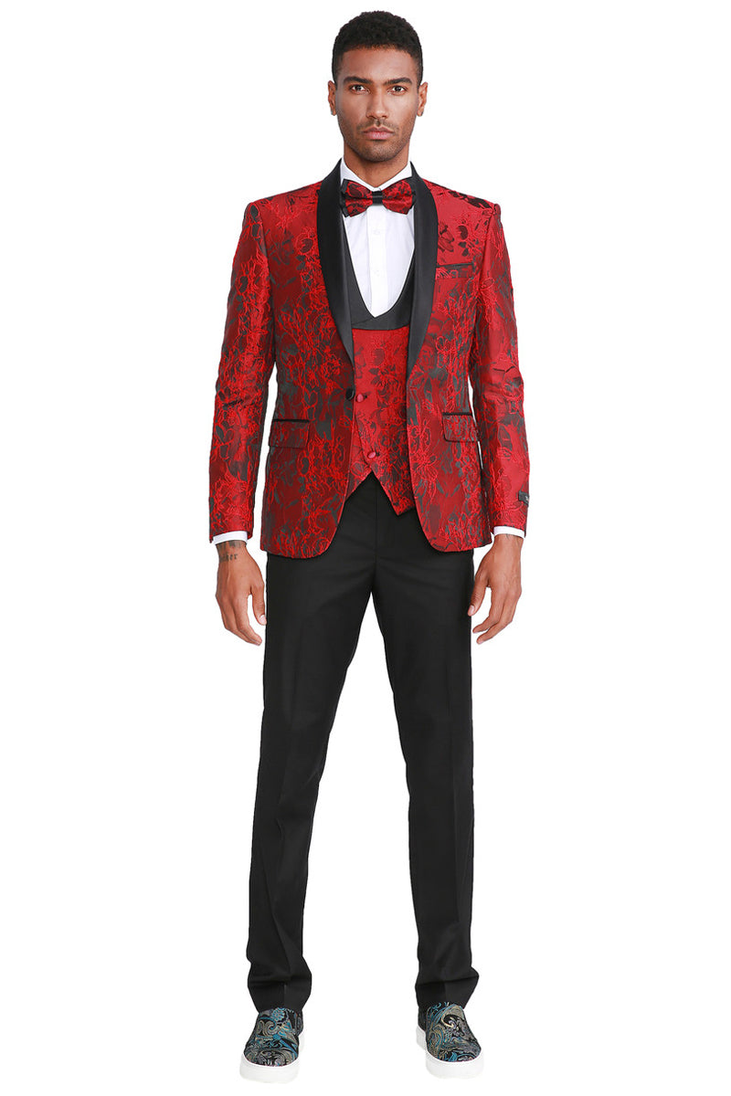 "Red Men's Slim Fit Prom Tuxedo with Paisley Shawl Lapel - One Button Vested"