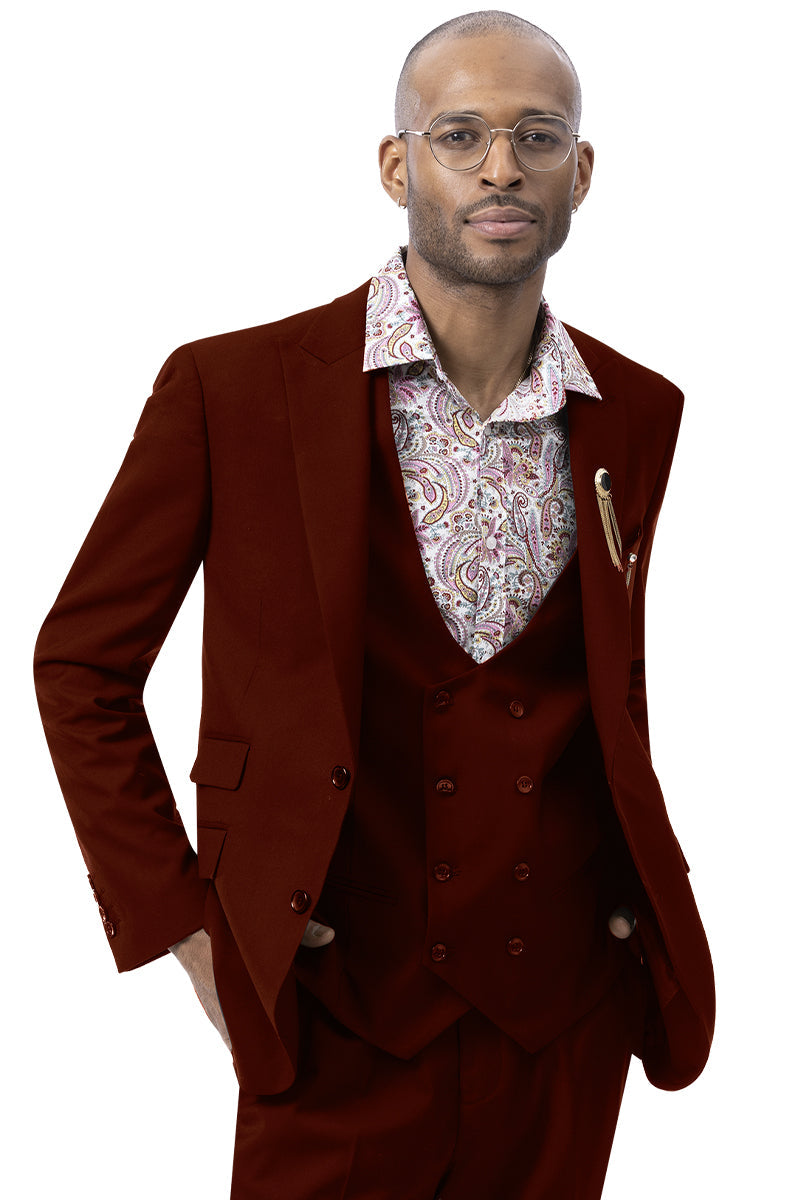 Mens Modern Two Button Vested Peak Lapel Suit with Double Breasted Vest in Burgundy - 34 Regular