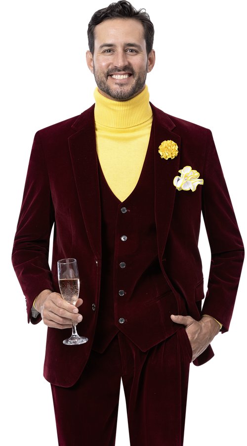 Velvet 3-Piece Regular Fit Fashion Suit - Wine