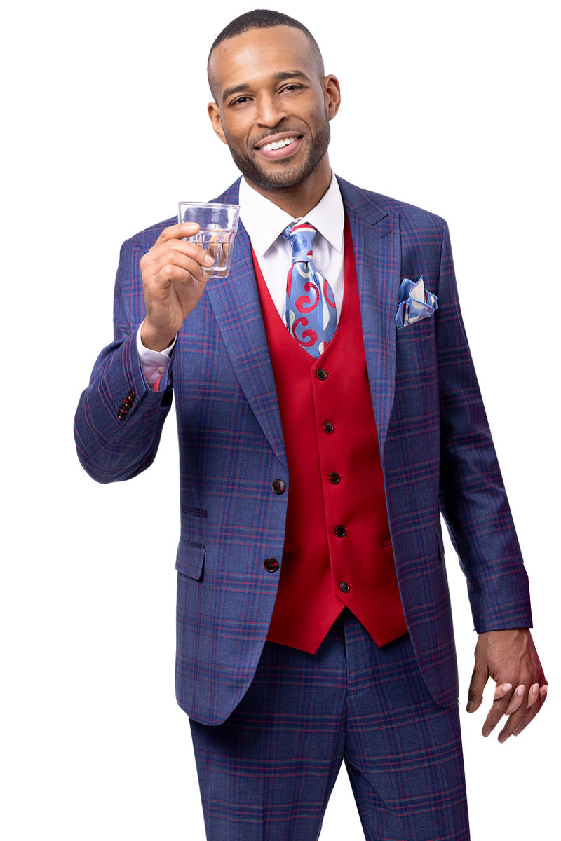 Men's Modern Fit Peak Lapel Contrasting Vest Suit in Navy Blue & Red Windowpane Plaid - 34 Regular