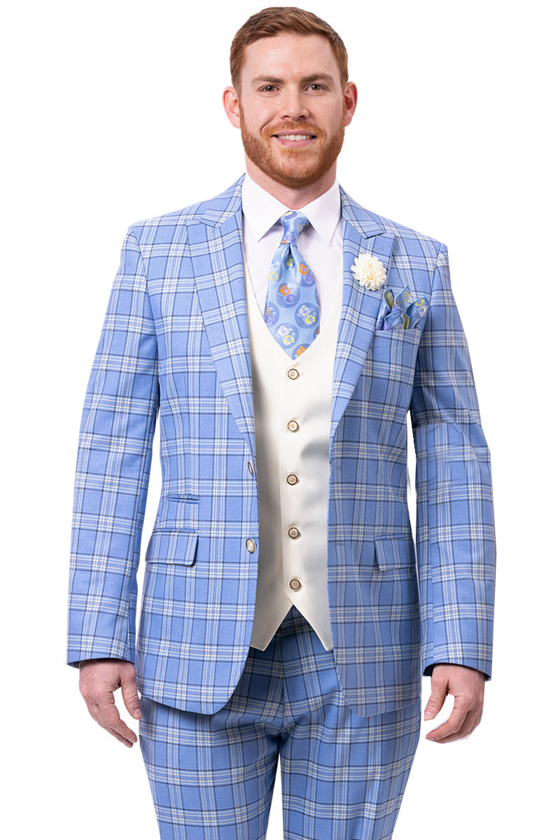 Men's Modern Fit Peak Lapel Contrasting Vest Suit in Light Blue Windowpane Plaid - 34 Regular