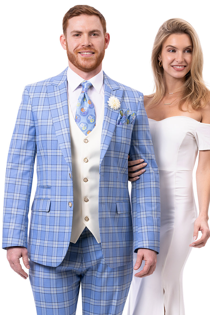 Men's Modern Fit Peak Lapel Contrasting Vest Suit in Light Blue Windowpane Plaid - 34 Regular