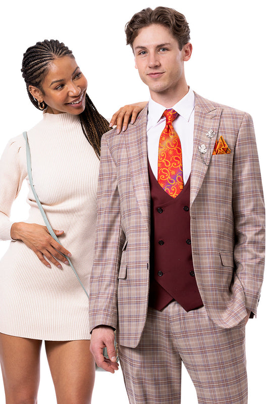 Men's Two Button Peak Lapel Suit in Tan & Burgundy Windowpane Plaid