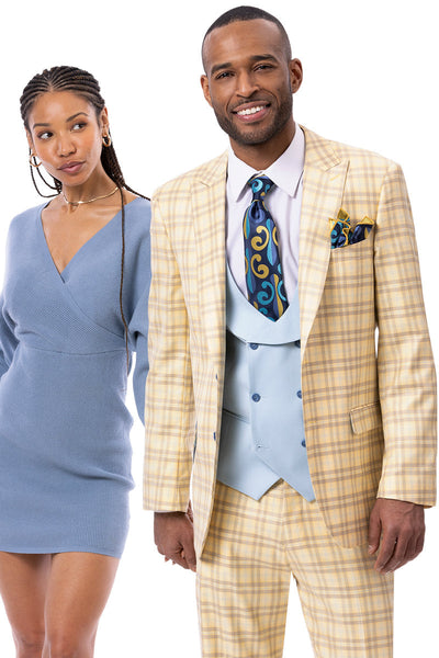 Men's Two Button Peak Lapel Suit in Tan Windowpane Plaid with Blue Double Breasted Vest