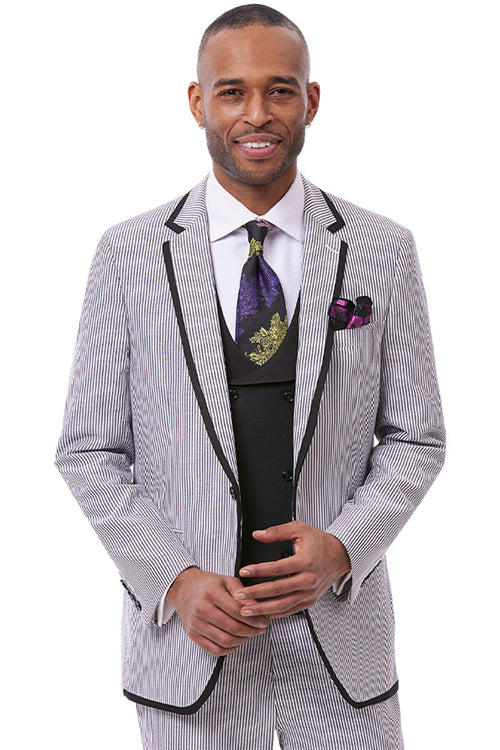 Men's One Button Jacket + Pants Fashion Seersucker Suit with Double Breasted Vest in Black
