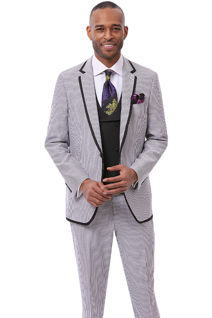 Men's One Button Jacket + Pants Fashion Seersucker Suit with Double Breasted Vest in Black
