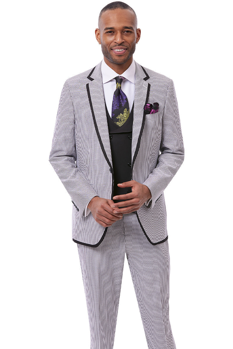 Men's One Button Jacket + Pants Fashion Seersucker Suit with Double Breasted Vest in Black